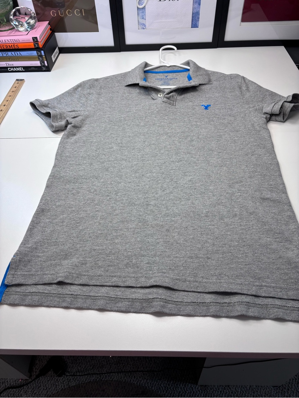 American Eagle Outfitters Classic Fit Heathered Grey Polo with Blue Logo Trim M